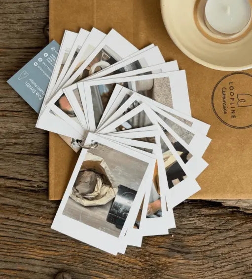 A collage of polaroid photographs showing the provenance of the materials used in the ceramic piece.