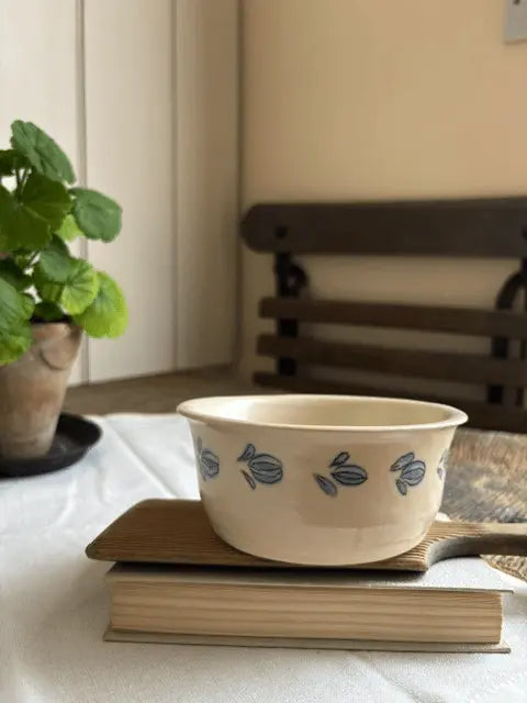 Handmade white stoneware dish from the Whisper Collection by Loopline Ceramics, featuring a hand-painted Wedgwood blue botanical design.