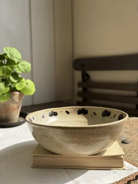 A handmade ceramic bowl with a speckled beige finish and black floral accents, resting on a stack of books on a white tablecloth in a sunlit room.