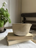 A small speckled ceramic bowl with a pouring spout sits on top of two stacked books on a white cloth, with a potted green plant and a dark wooden chair blurred in the background.