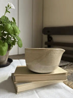 A small speckled ceramic bowl with a pouring spout sits on top of two stacked books on a white cloth, with a potted green plant and a dark wooden chair blurred in the background.