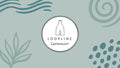A rectangle graphic with a central white oval containing a simple line drawing of a bottle and the text 'LOOPLINE Ceramics.' The background is a muted pale blue-green with abstract teal wavy lines, spiral shapes, leaves, and dots.
