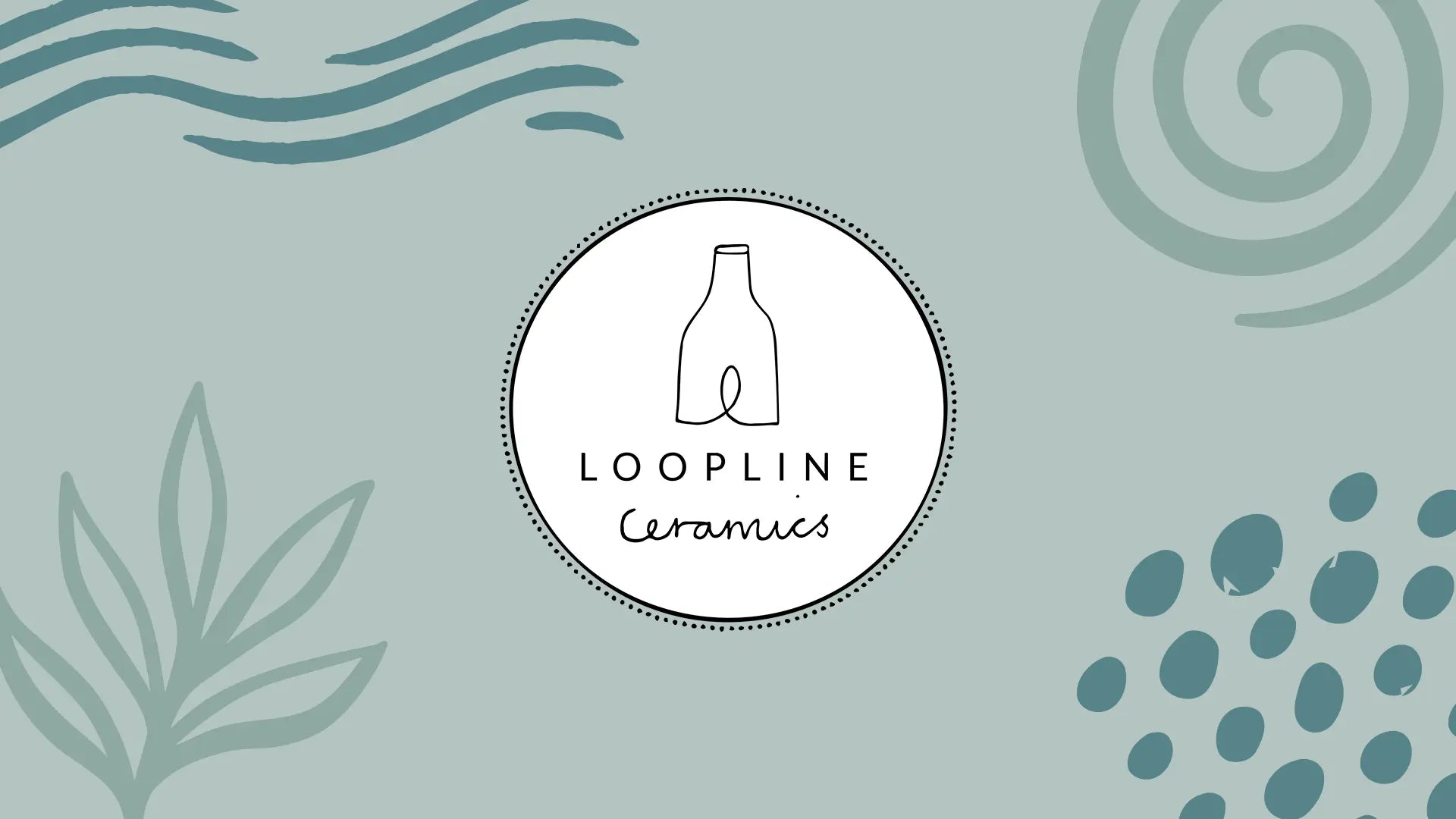 A rectangle graphic with a central white oval containing a simple line drawing of a bottle and the text 'LOOPLINE Ceramics.' The background is a muted pale blue-green with abstract teal wavy lines, spiral shapes, leaves, and dots.