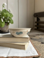 A small cream-colored ceramic bowl with blue and beige seashell motifs sits on a stack of vintage books on a white cloth, with a potted plant and a rustic wooden bench in the background.