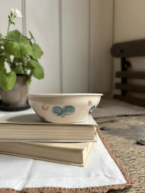 A small cream-colored ceramic bowl with blue and beige seashell motifs sits on a stack of vintage books on a white cloth, with a potted plant and a rustic wooden bench in the background.