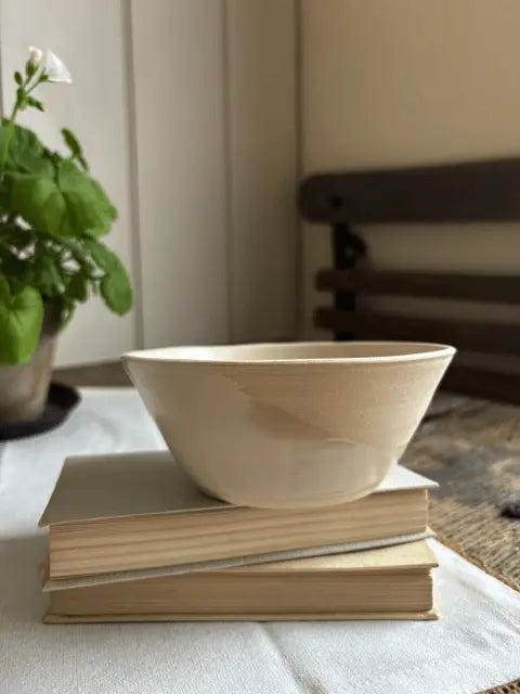 A light beige ceramic bowl with a textured, hand-painted finish sits on top of two stacked vintage books on a white tablecloth. A potted green plant and a dark wooden chair are softly blurred in the background.