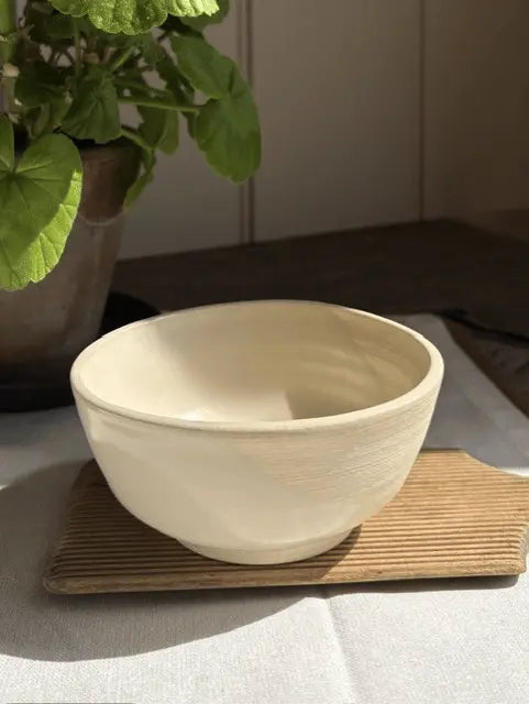 A cream-colored ceramic bowl with a textured, hand-painted finish, resting on a light brown bamboo placemat. A green potted plant is visible in the background on a neutral tabletop.