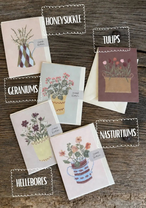 A set of botanical-themed greeting cards arranged on a rustic wooden surface, each card featuring a different flower illustration and labeled with names like Honeysuckle, Tulips, Geraniums, Nasturtiums, and Hellebores.