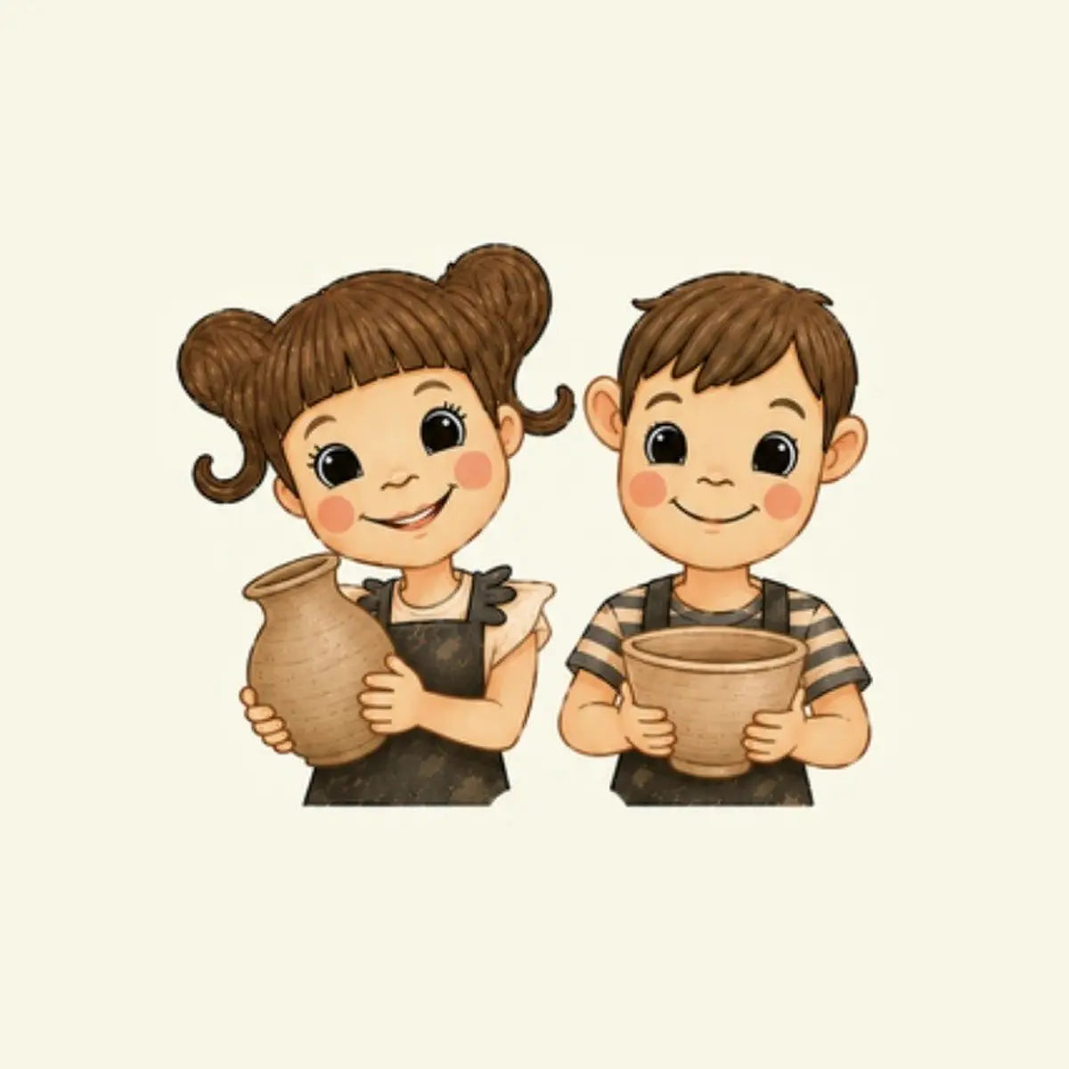 A cute cartoon illustration of two children, a girl with twin buns and a boy, both wearing dark overalls and holding clay pottery vessels, set against a solid cream background.