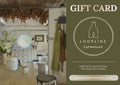 A gift card for Loopline Ceramics featuring a rustic kitchen interior on the left and a dark olive-green panel on the right with the text 'GIFT CARD', the Loopline Ceramics logo, validity details, and the website.